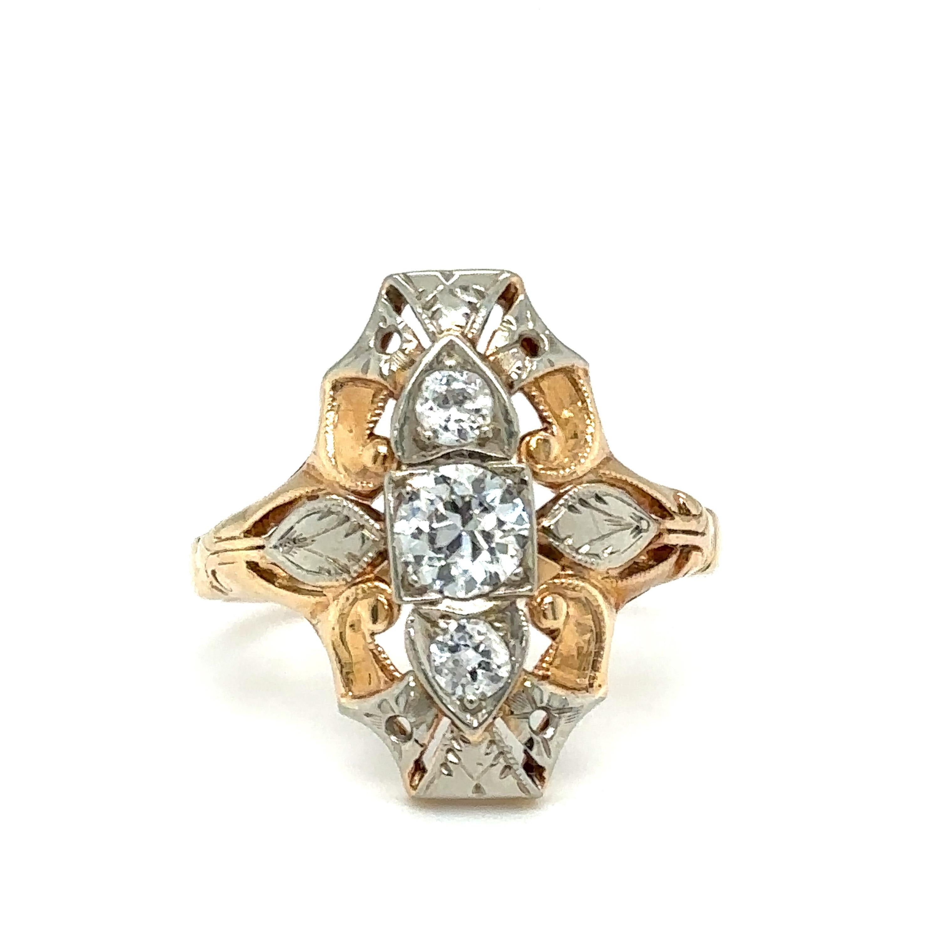 Women's or Men's Art Deco 0.70 Carat Total Diamond Ring in Two Tone 14 Karat Gold, circa 1920s