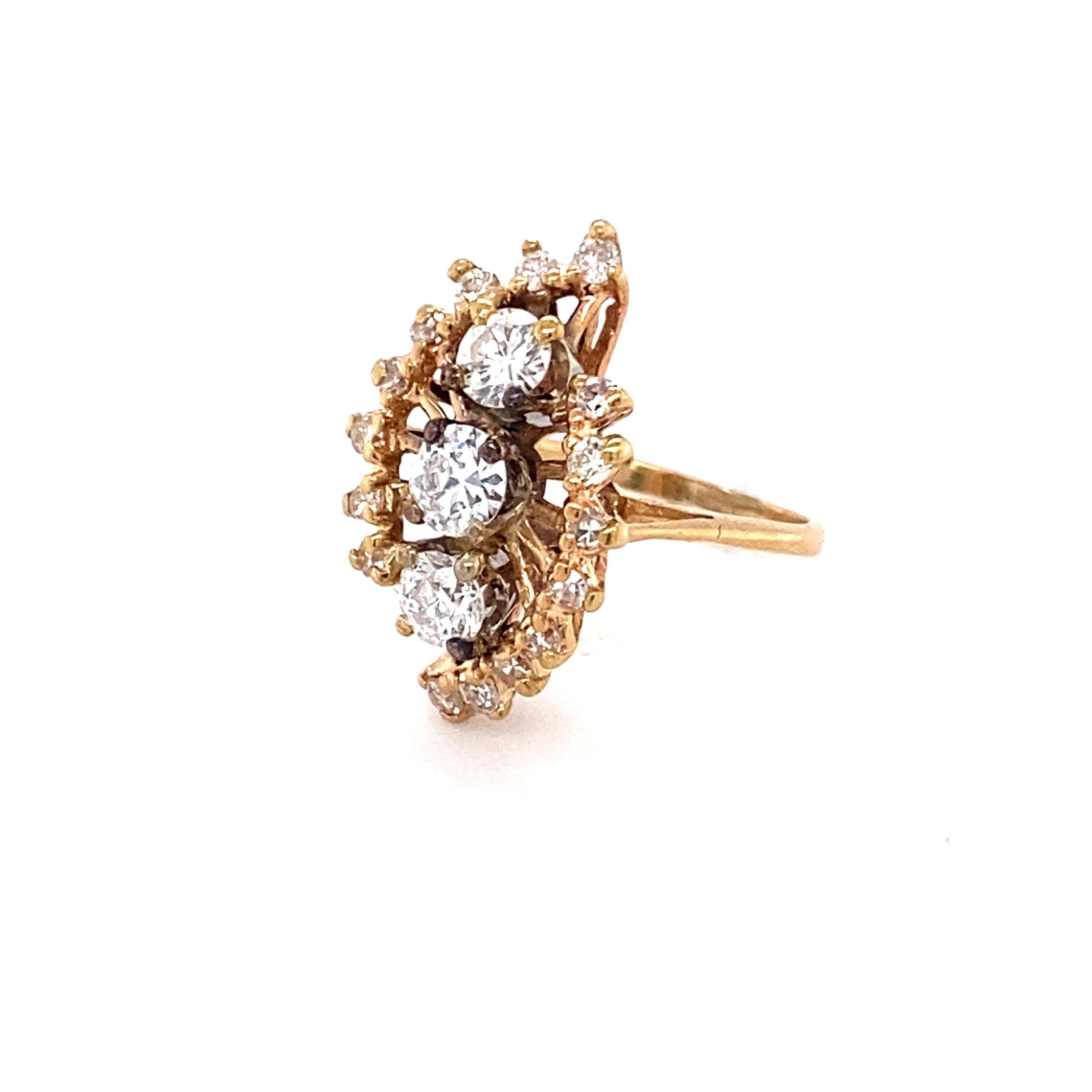 Item Details: 
Ring Size: 3, resizable
Metal Type: 14 Karat Yellow Gold
Weight: 3.2 grams
Finger to top of stone measures 7.5 millimeters, and 13 millimeters across

Center Diamond Details:
Cut: Old European 
Carat: 0.60 Carats total weight
Color: