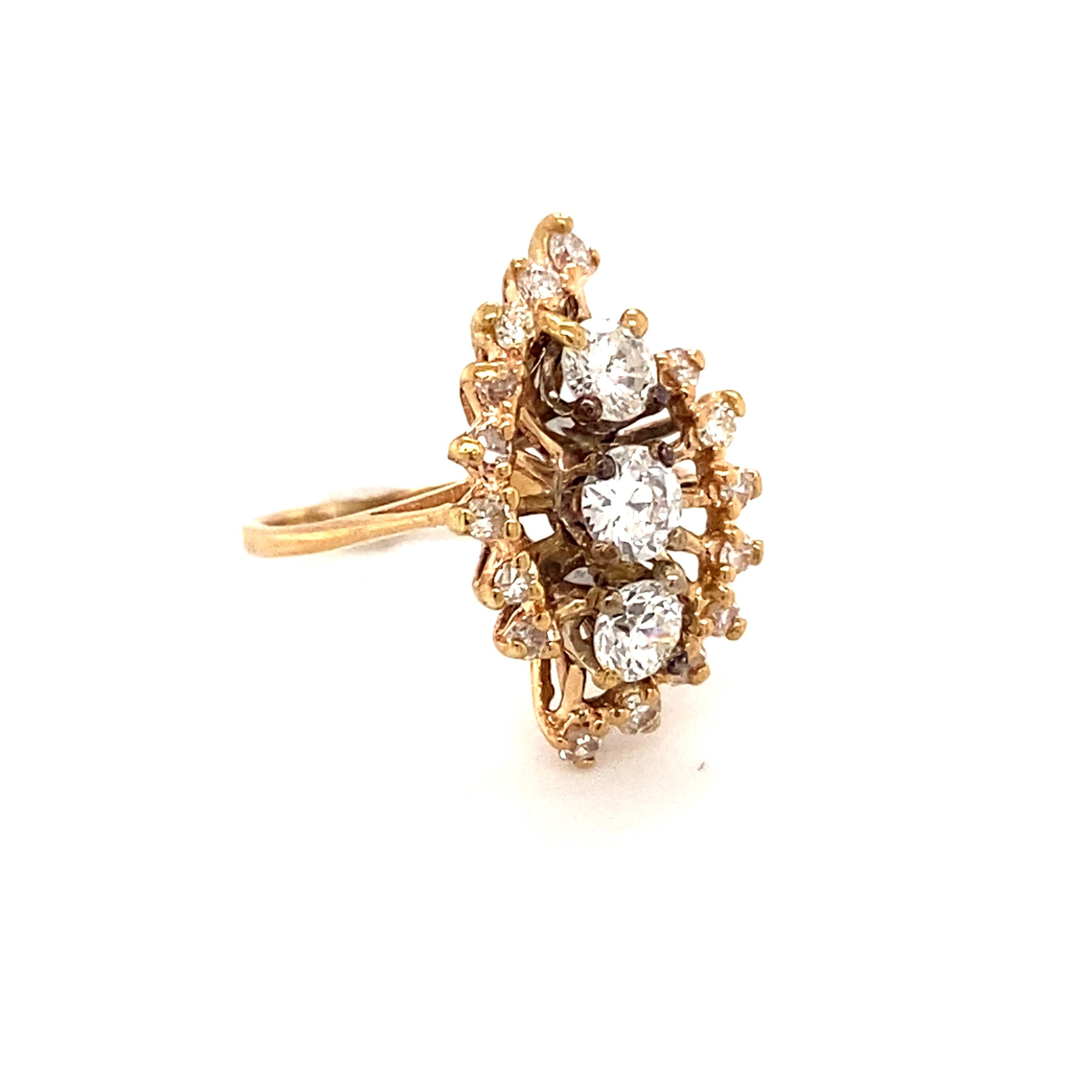 Circa 1920s Art Deco 0.76 Carat Total Diamond Ring in 14 Karat Yellow Gold In Excellent Condition In Atlanta, GA
