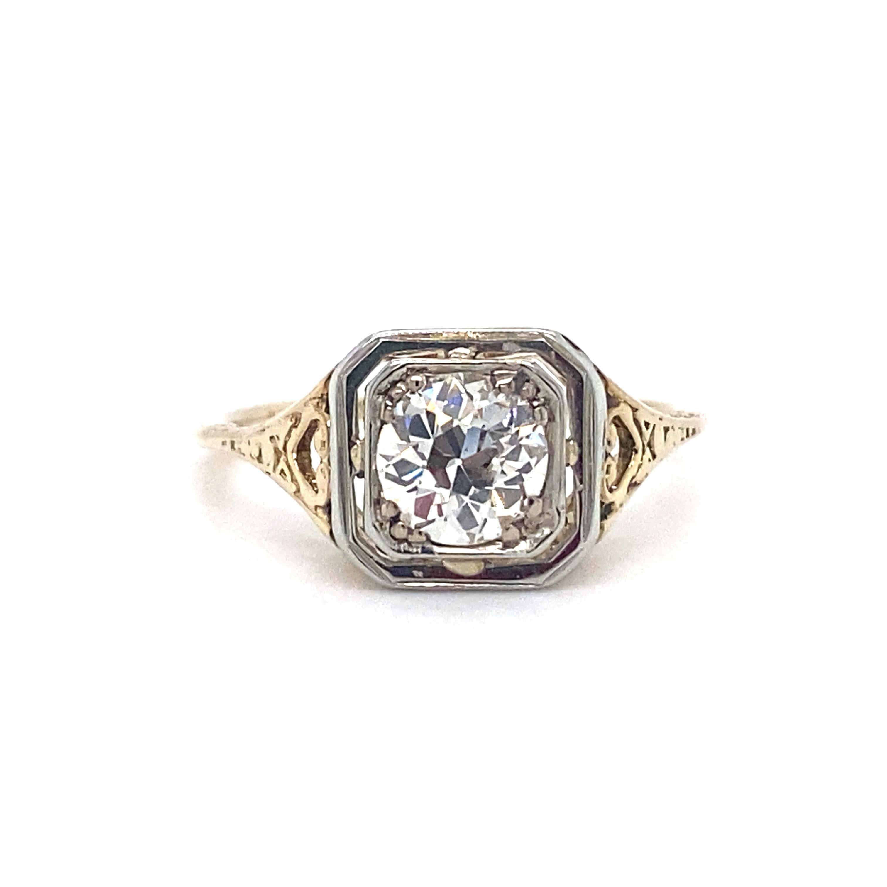 Circa 1920er Jahre Art Deco 0,95 Karat Diamantring in zweifarbigem 14K/18K Gold (Alteuropäischer Schliff)