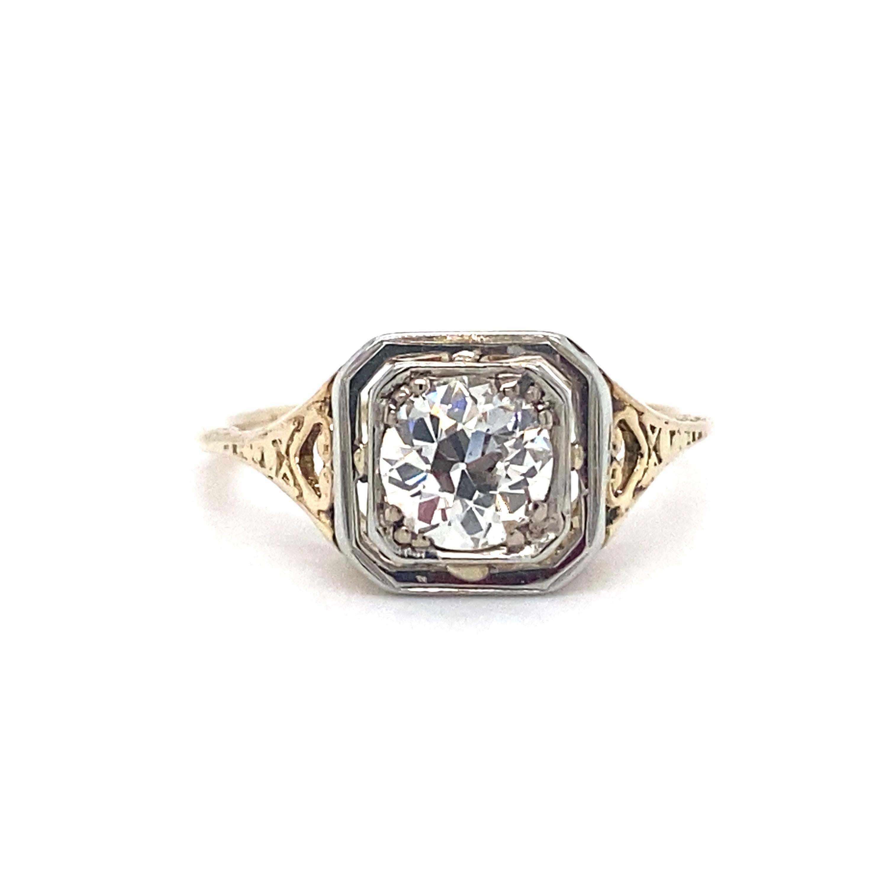 Circa 1920er Jahre Art Deco 0,95 Karat Diamantring in zweifarbigem 14K/18K Gold (Alteuropäischer Schliff) im Angebot