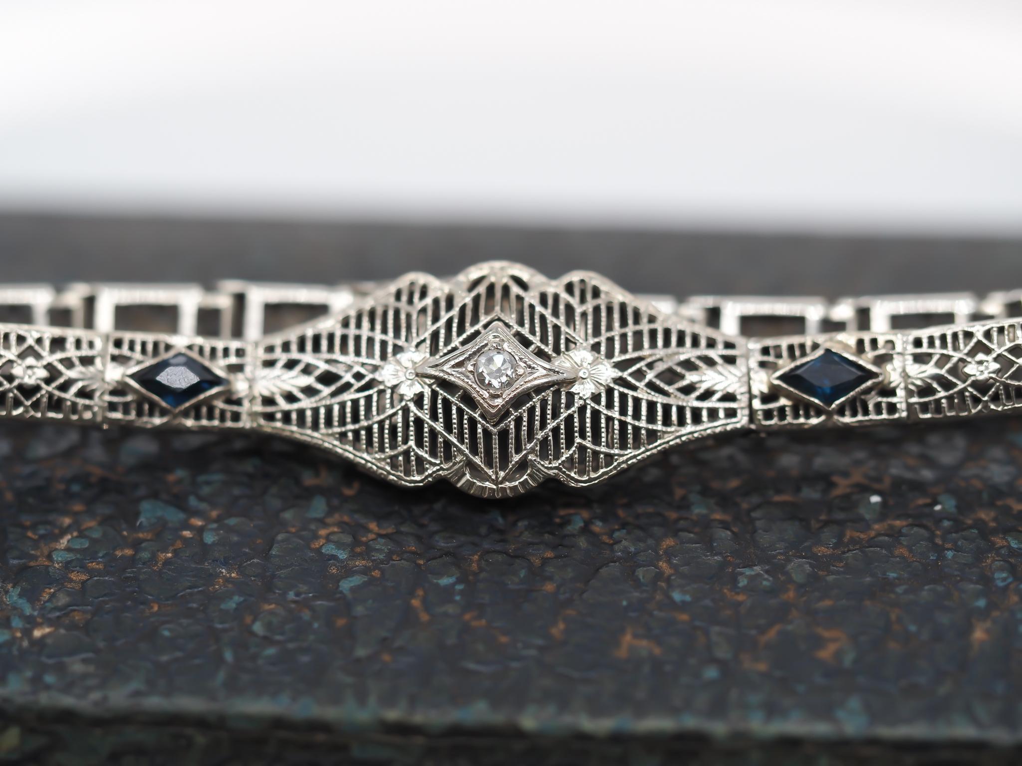 Old Mine Cut Circa 1920s Art Deco 10K White Gold Filigree Diamond Bracelet For Sale