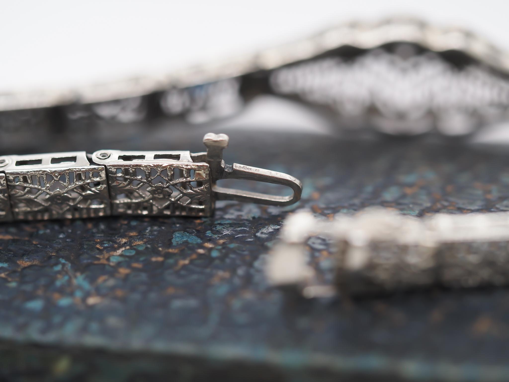 Circa 1920s Art Deco 10K White Gold Filigree Diamond Bracelet For Sale 2