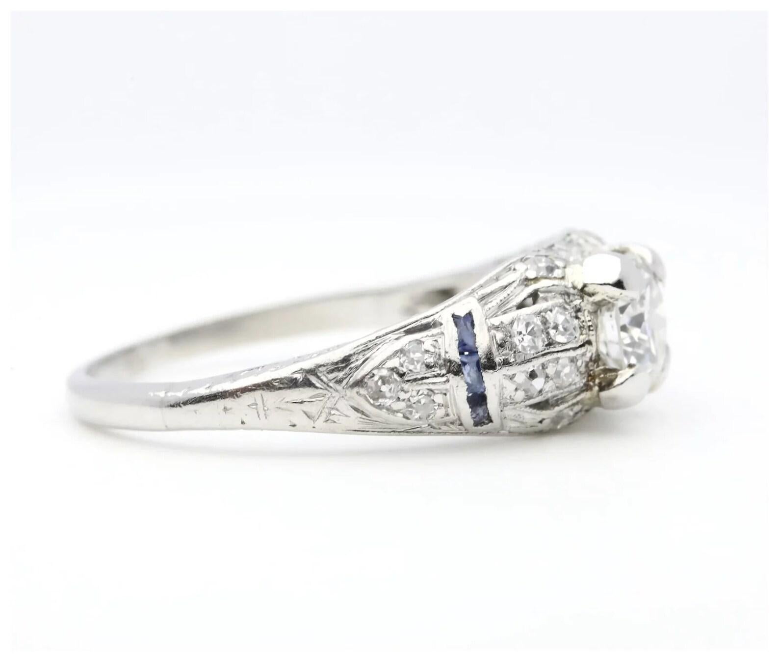 Old European Cut Circa 1920's Art Deco 1.15ctw Diamond & Sapphire Engagement Ring in Platinum For Sale