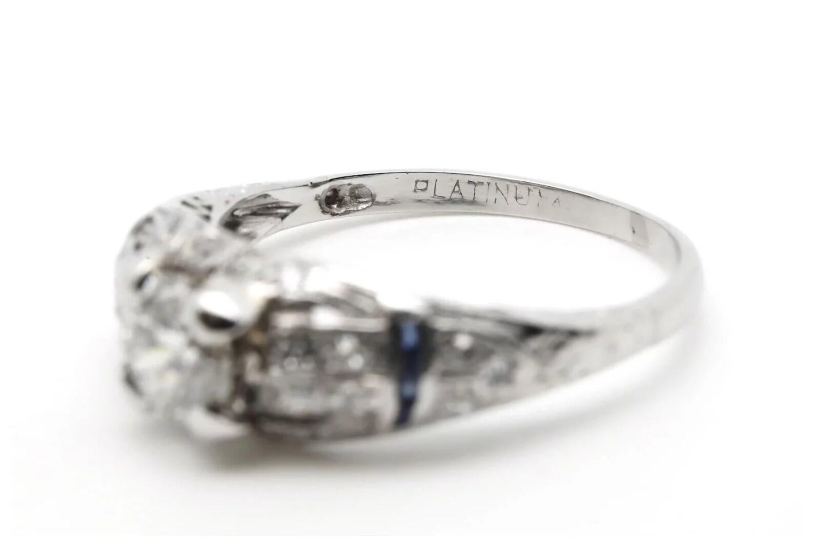 Circa 1920's Art Deco 1.15ctw Diamond & Sapphire Engagement Ring in Platinum In Good Condition For Sale In Boston, MA