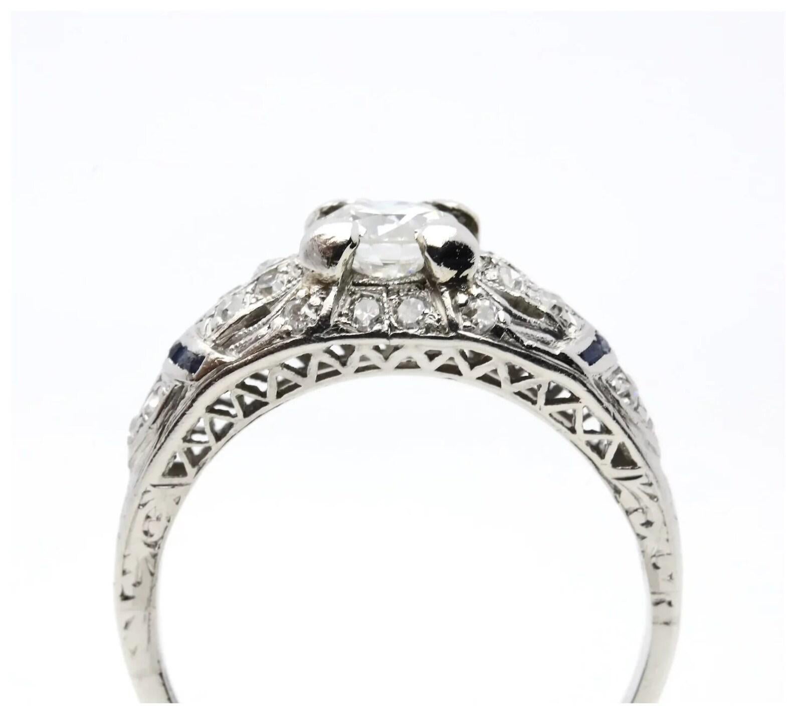 Women's Circa 1920's Art Deco 1.15ctw Diamond & Sapphire Engagement Ring in Platinum For Sale