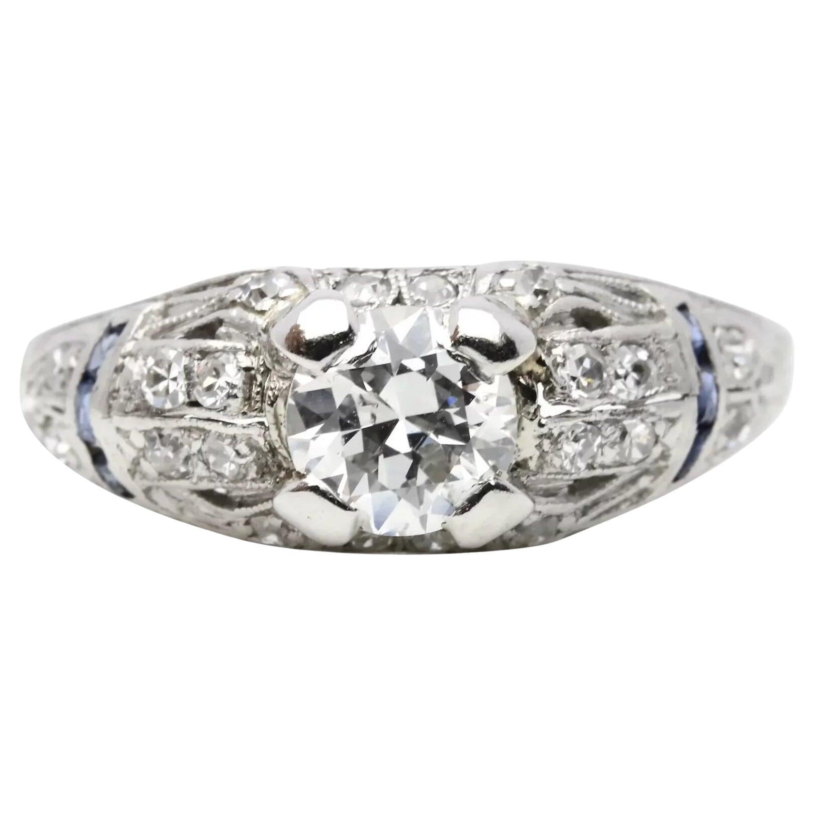 Circa 1920's Art Deco 1.15ctw Diamond & Sapphire Engagement Ring in Platinum For Sale