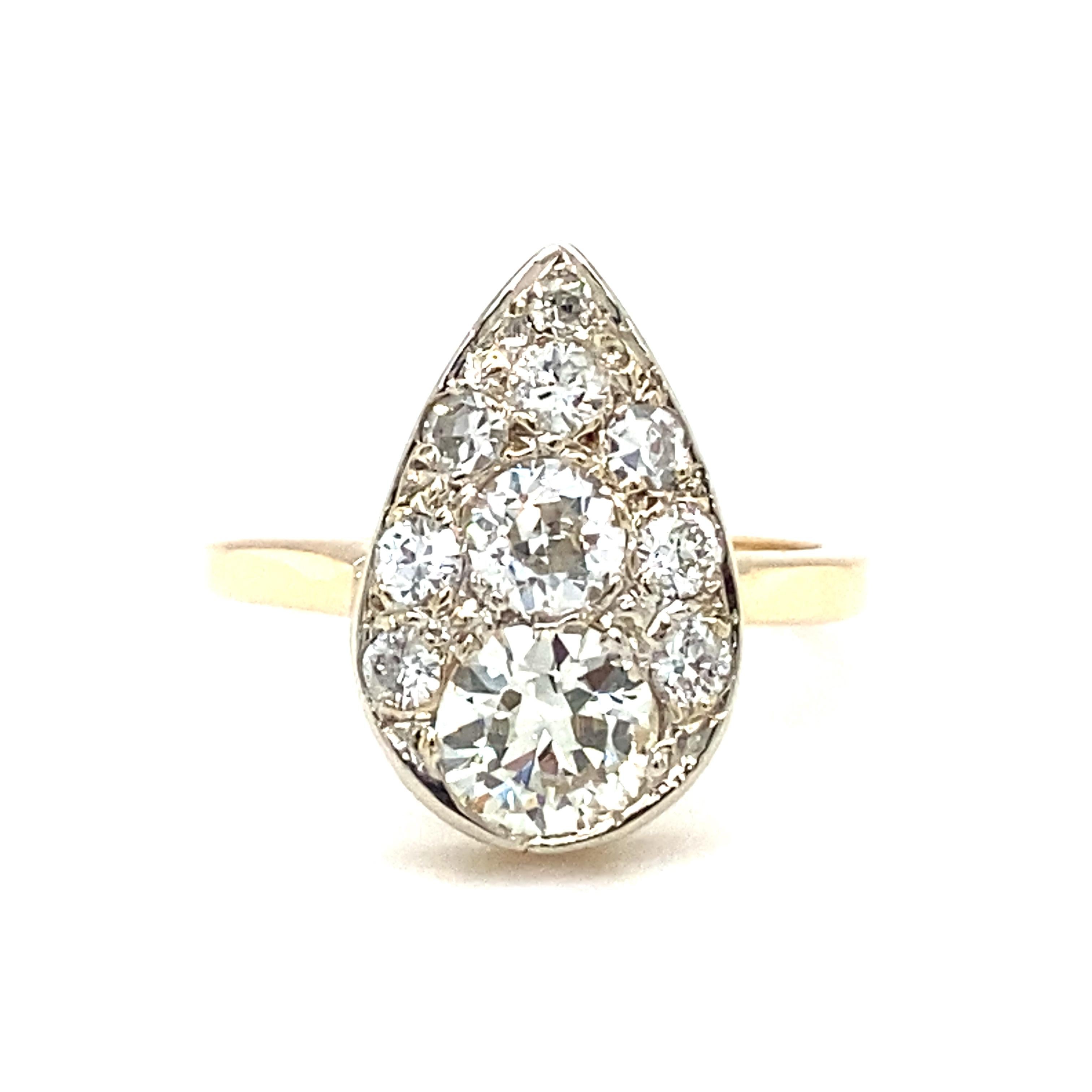 Old European Cut Circa 1920s Art Deco 1.30 Carat Total Diamond Ring in 14 Karat Gold For Sale