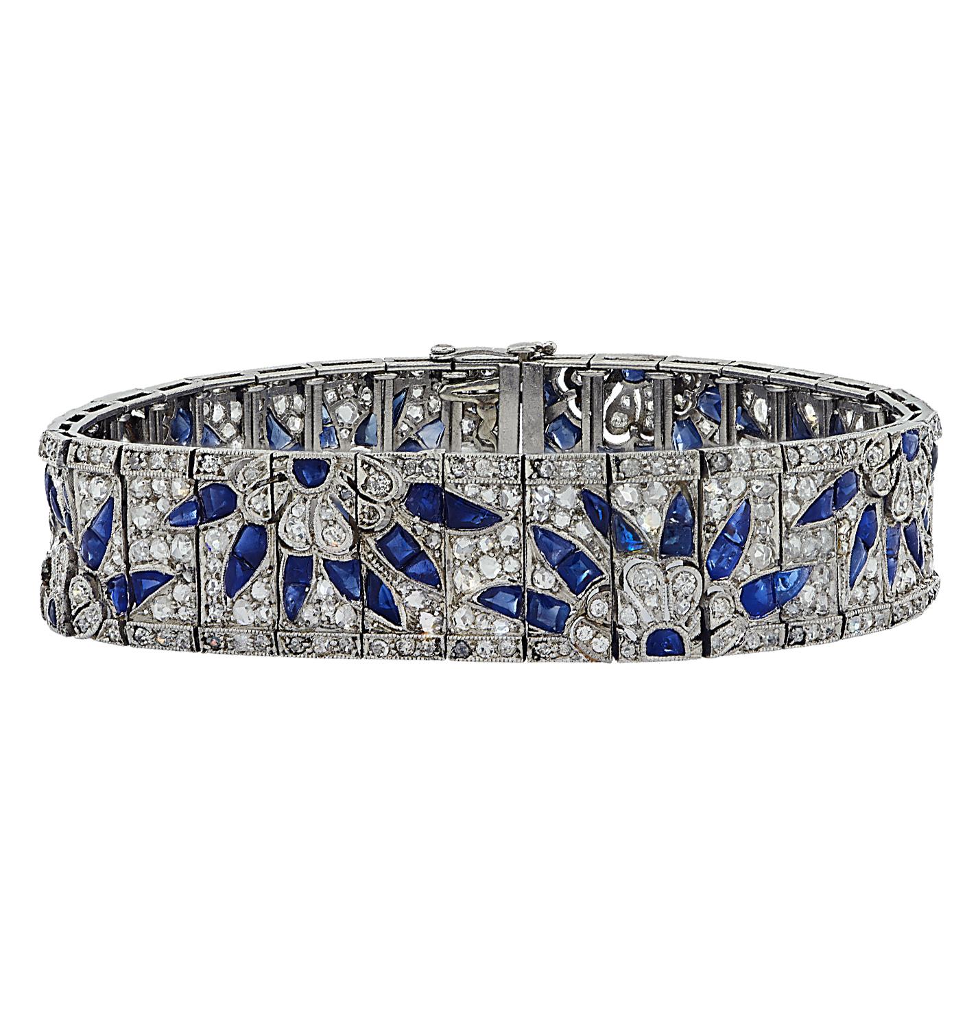 Art Deco 14.64 Carat Diamond & Sapphire Bracelet, circa 1920s In Good Condition In Miami, FL