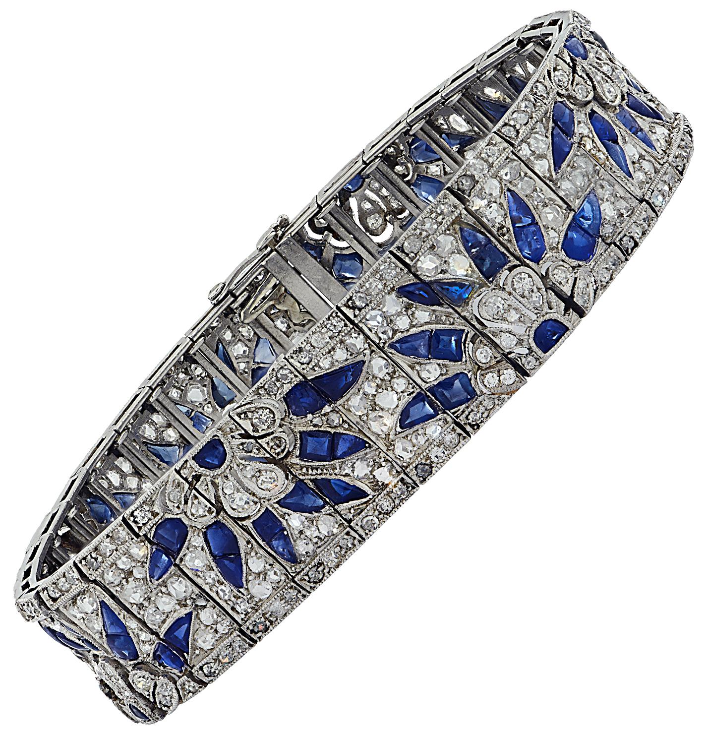 Women's Art Deco 14.64 Carat Diamond & Sapphire Bracelet, circa 1920s