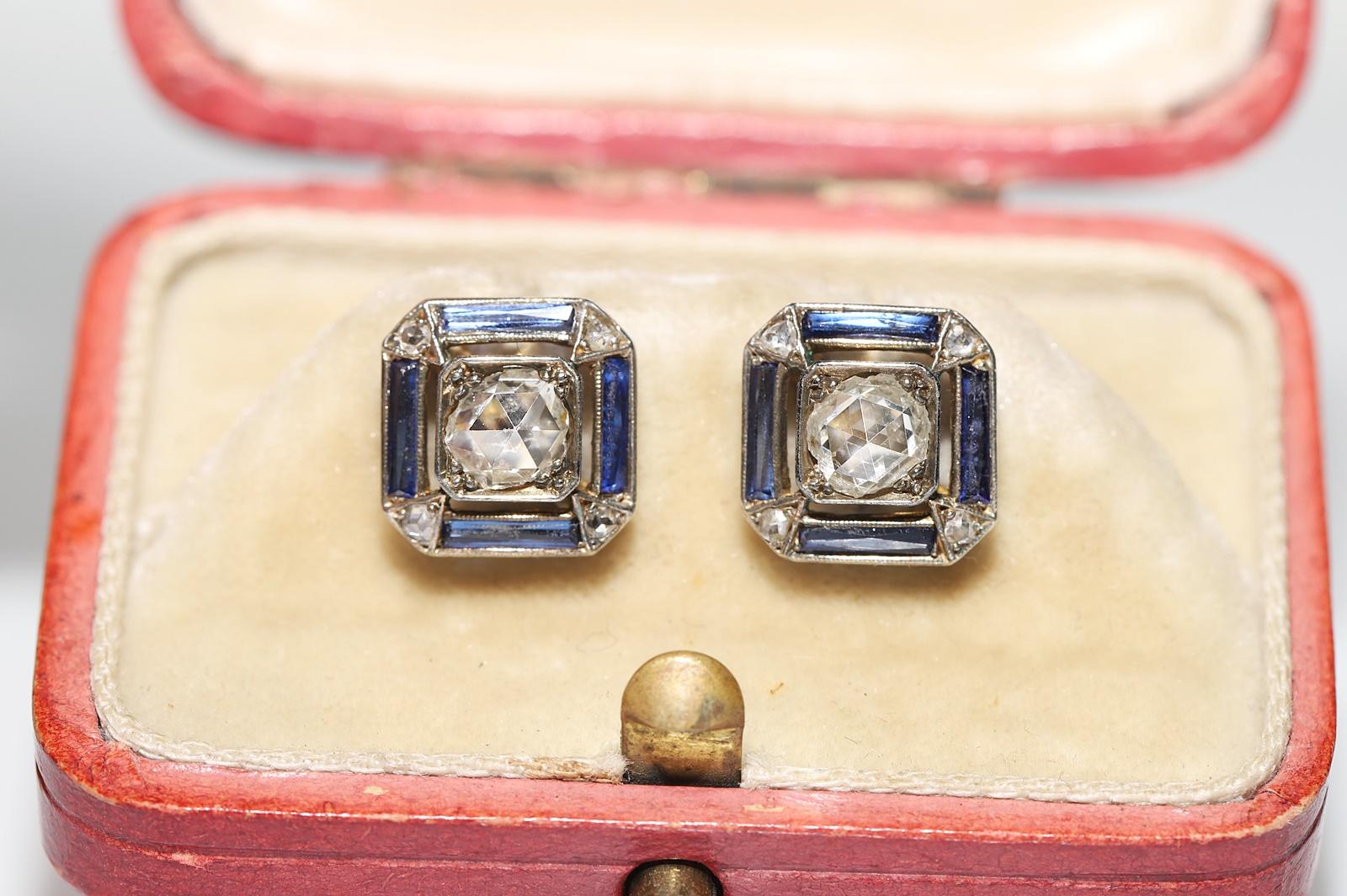 Circa 1920s Art Deco 14k Gold Natural Rose Cut Diamond And Sapphire Earring  In Good Condition In Fatih/İstanbul, 34