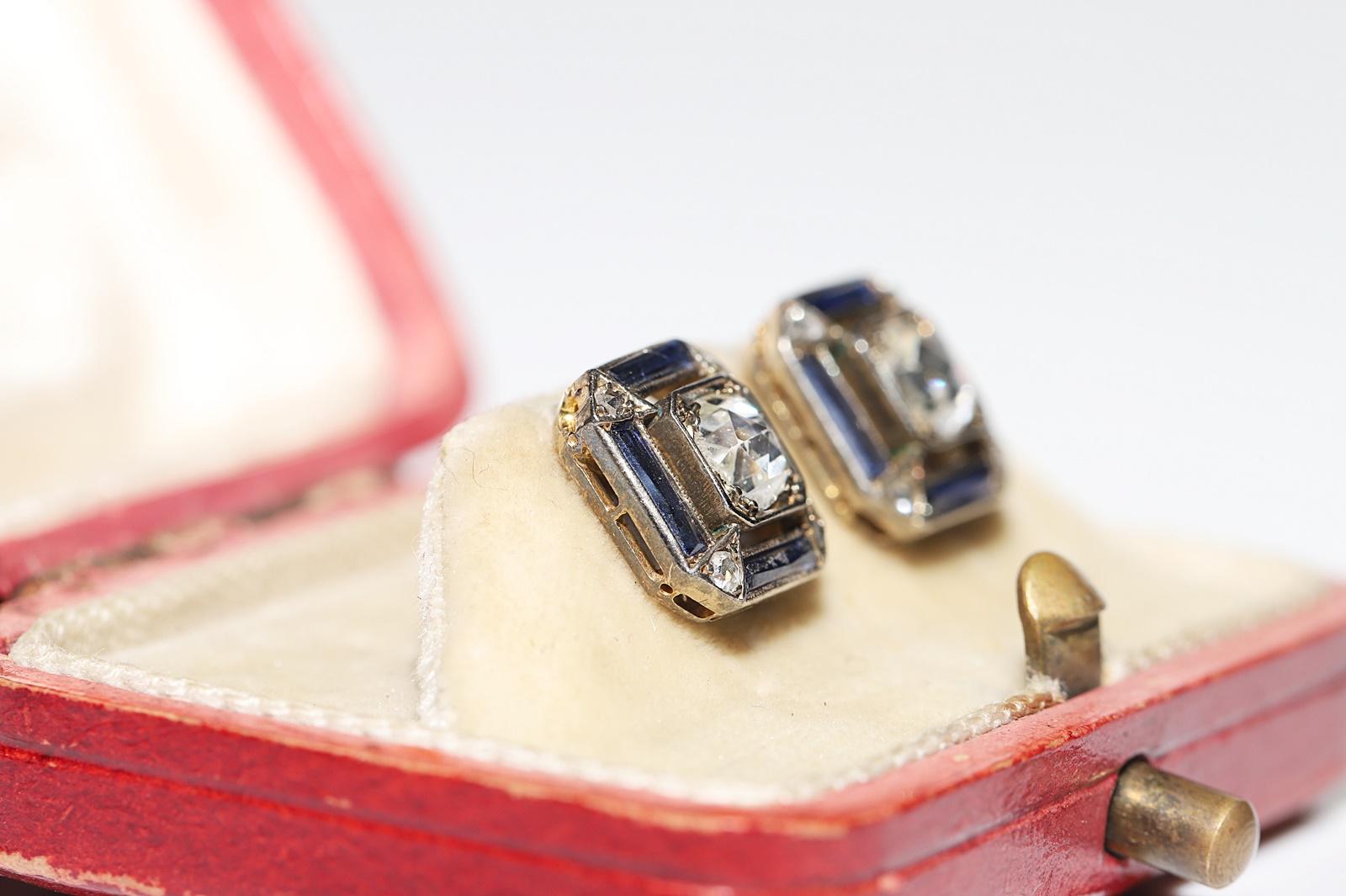 Women's Circa 1920s Art Deco 14k Gold Natural Rose Cut Diamond And Sapphire Earring 