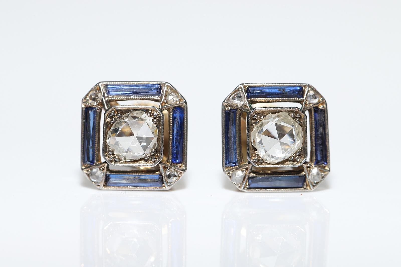 Circa 1920s Art Deco 14k Gold Natural Rose Cut Diamond And Sapphire Earring  1