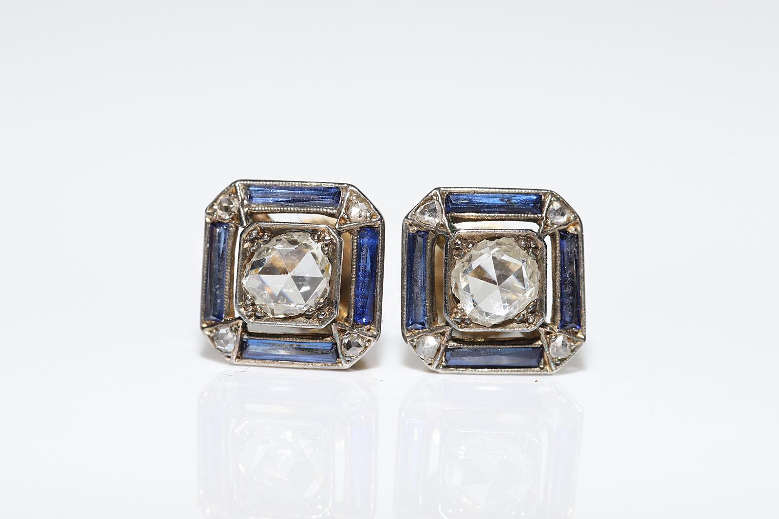 Circa 1920s Art Deco 14k Gold Natural Rose Cut Diamond And Sapphire Earring  2