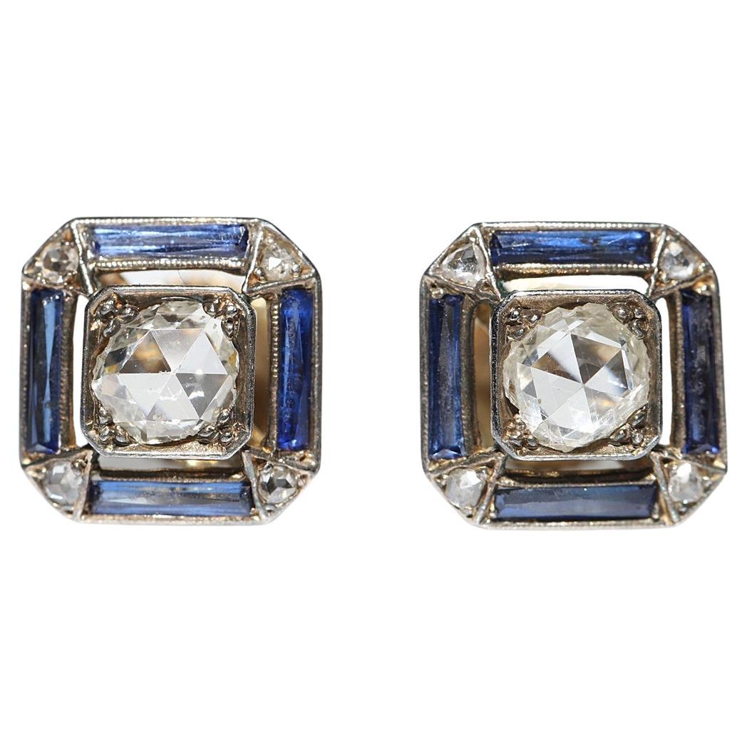 Circa 1920s Art Deco 14k Gold Natural Rose Cut Diamond And Sapphire Earring 