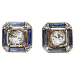 Antique Circa 1920s Art Deco 14k Gold Natural Rose Cut Diamond And Sapphire Earring 