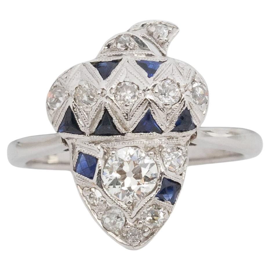 Circa 1920'S Art Deco 14K White Gold Old European Cut Diamond and Blue Sapphire For Sale