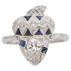 Art déco des années 1920 en or blanc 14 carats, diamant taille vieille Europe et saphir bleu