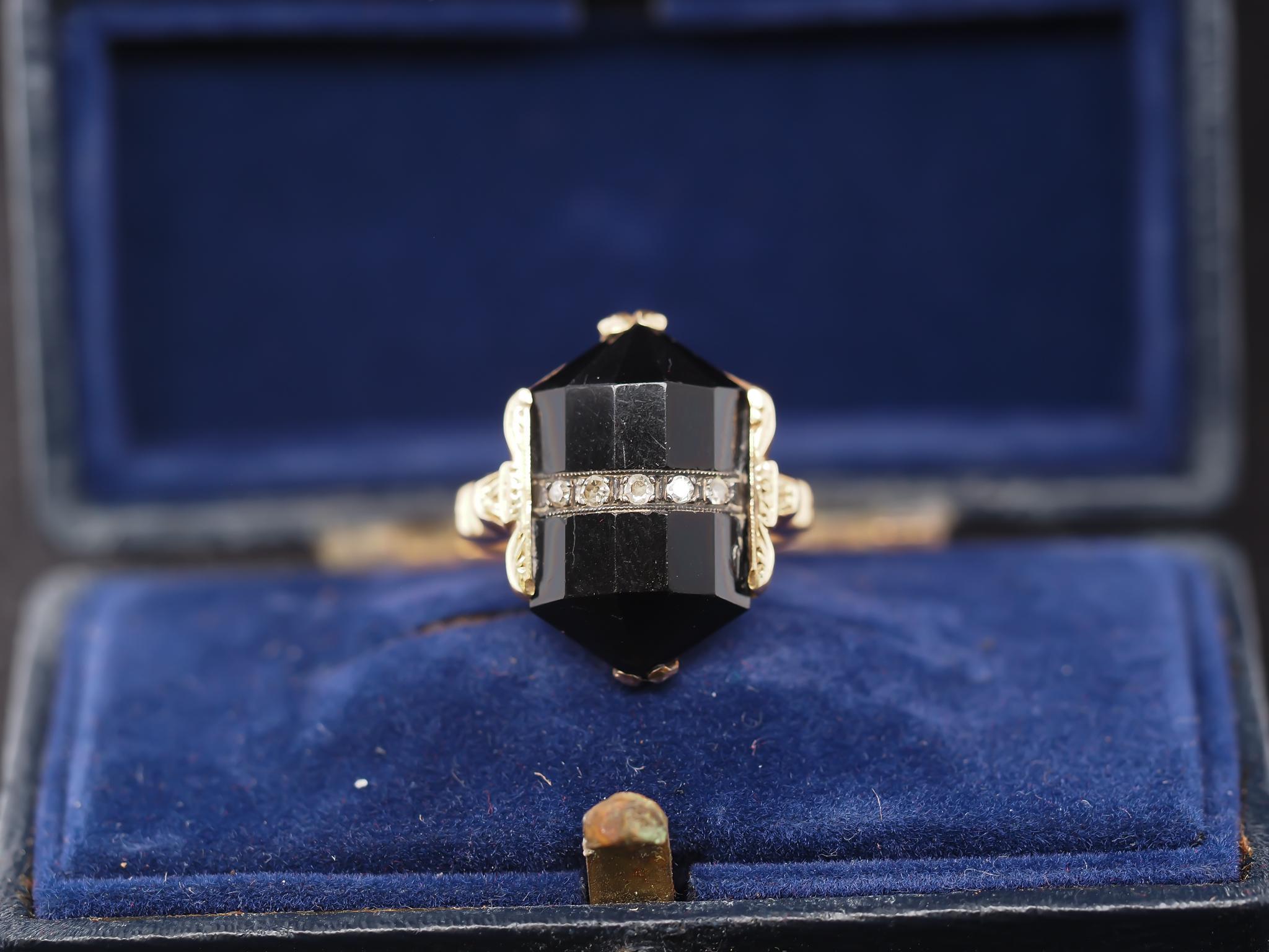 Year: 1920s

Item Details:
Ring Size: 3.5 (Sizable)
Metal Type: 14K Yellow Gold [Hallmarked, and Tested]
Weight: 3.3 grams

Diamond Details: Antique Single Cut, .08ct total, G Color, SI Clarity

Band Width: 1.5mm
Condition: Excellent