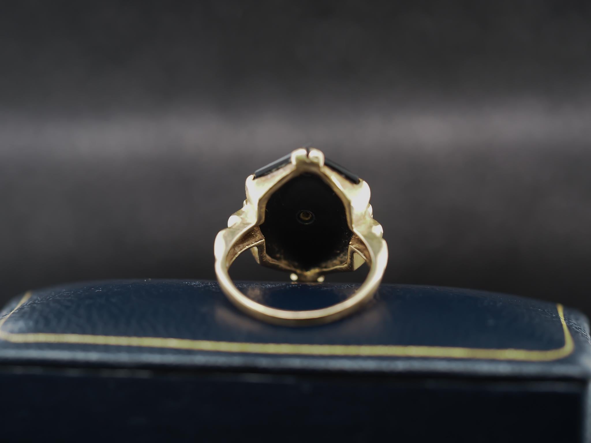 Circa 1920s Art Deco 14K Yellow Gold Diamond and Onyx Ring For Sale 1