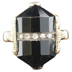 Circa 1920s Art Deco 14K Yellow Gold Diamond and Onyx Ring