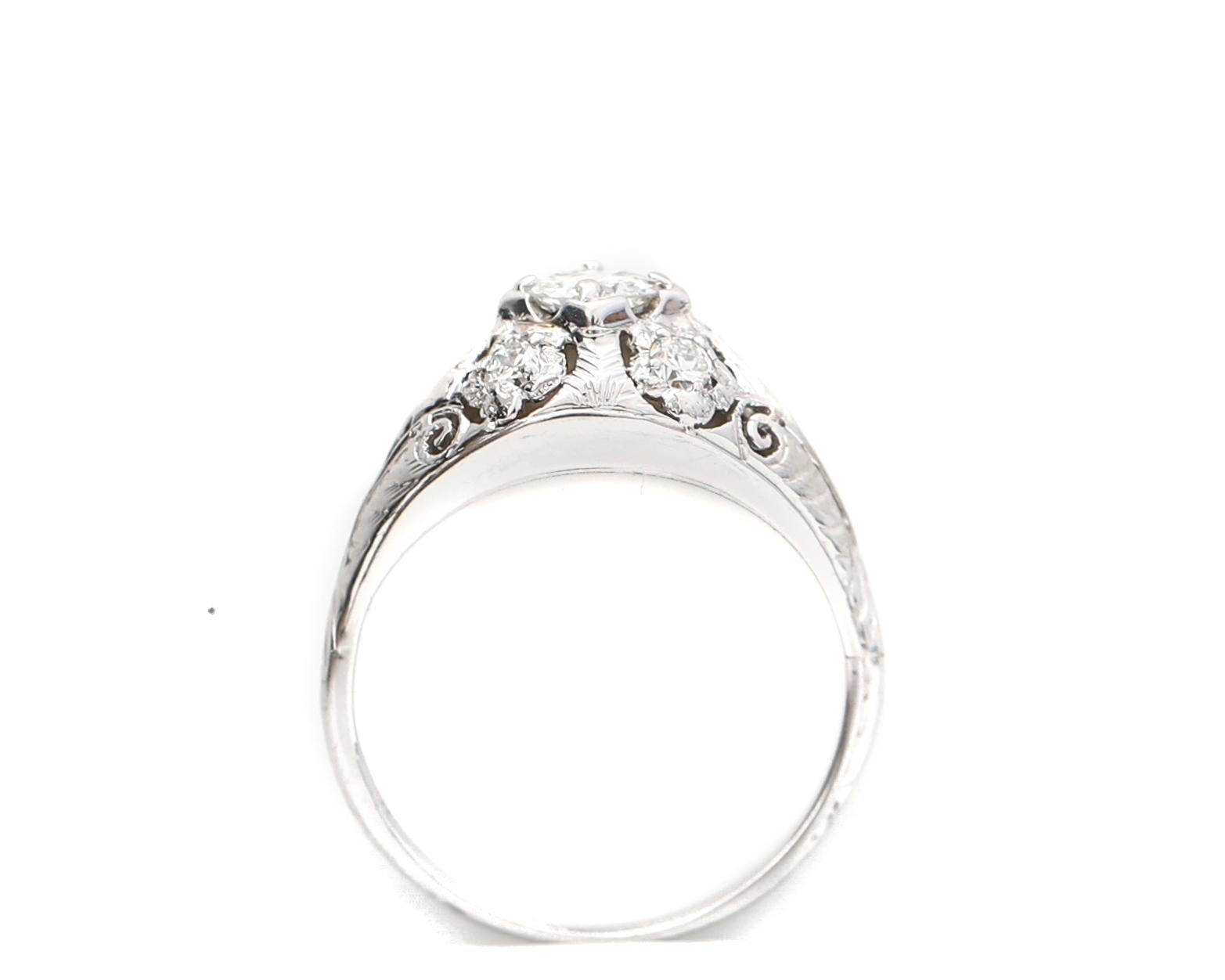 Art Deco 18k White Gold Diamond Ring Aprox .60 cttw Old European Cu, circa 1920s In Good Condition In Addison, TX