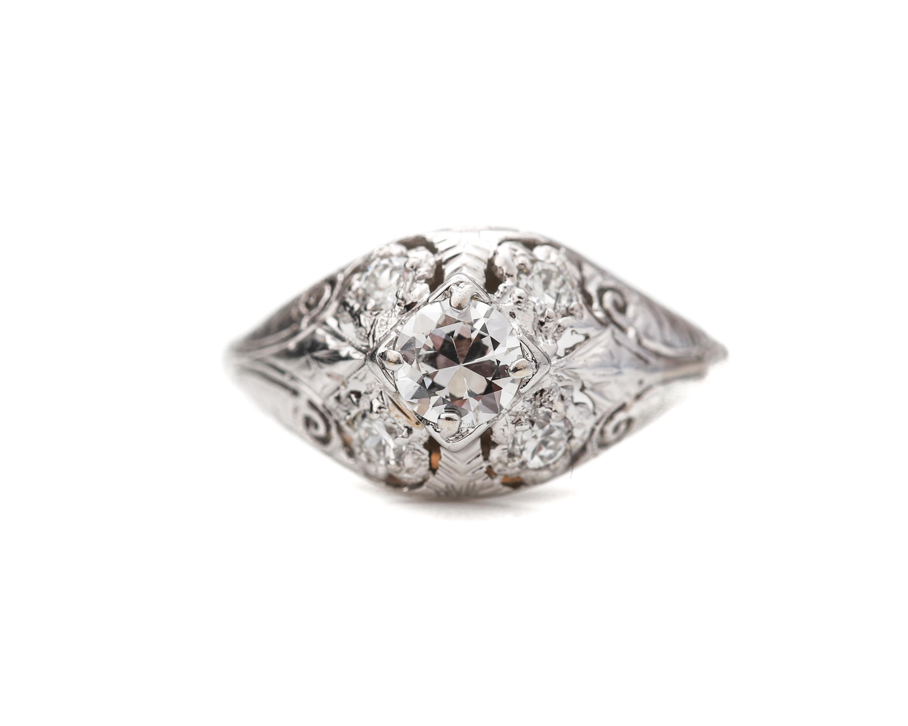 Art Deco 18k White Gold Diamond Ring Aprox .60 cttw Old European Cu, circa 1920s 1