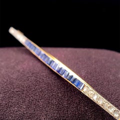 Circa 1920s Art Deco 18K Yellow Gold & Platinum Sapphire and Diamond Bar Pin