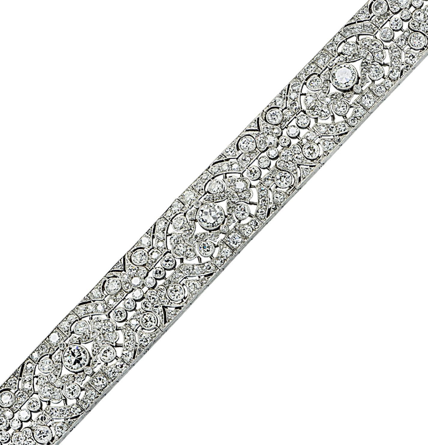 This Art Deco 20 carat diamond bracelet Circa 1920s is a stunning piece of jewelry that showcases the best of the Art Deco era. The bracelet is made from the highest quality 20 carat diamonds, featuring old European cut diamonds, single cut