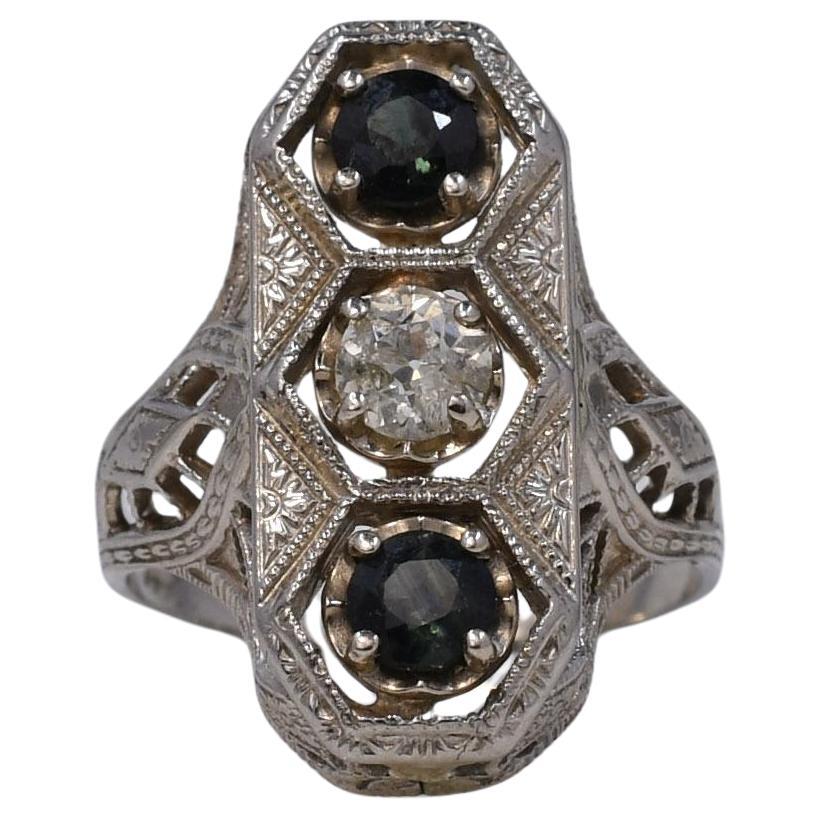 Circa 1920's Art Deco 3 Stone Shield Ring w Peacock Parti-Color Sapphires For Sale