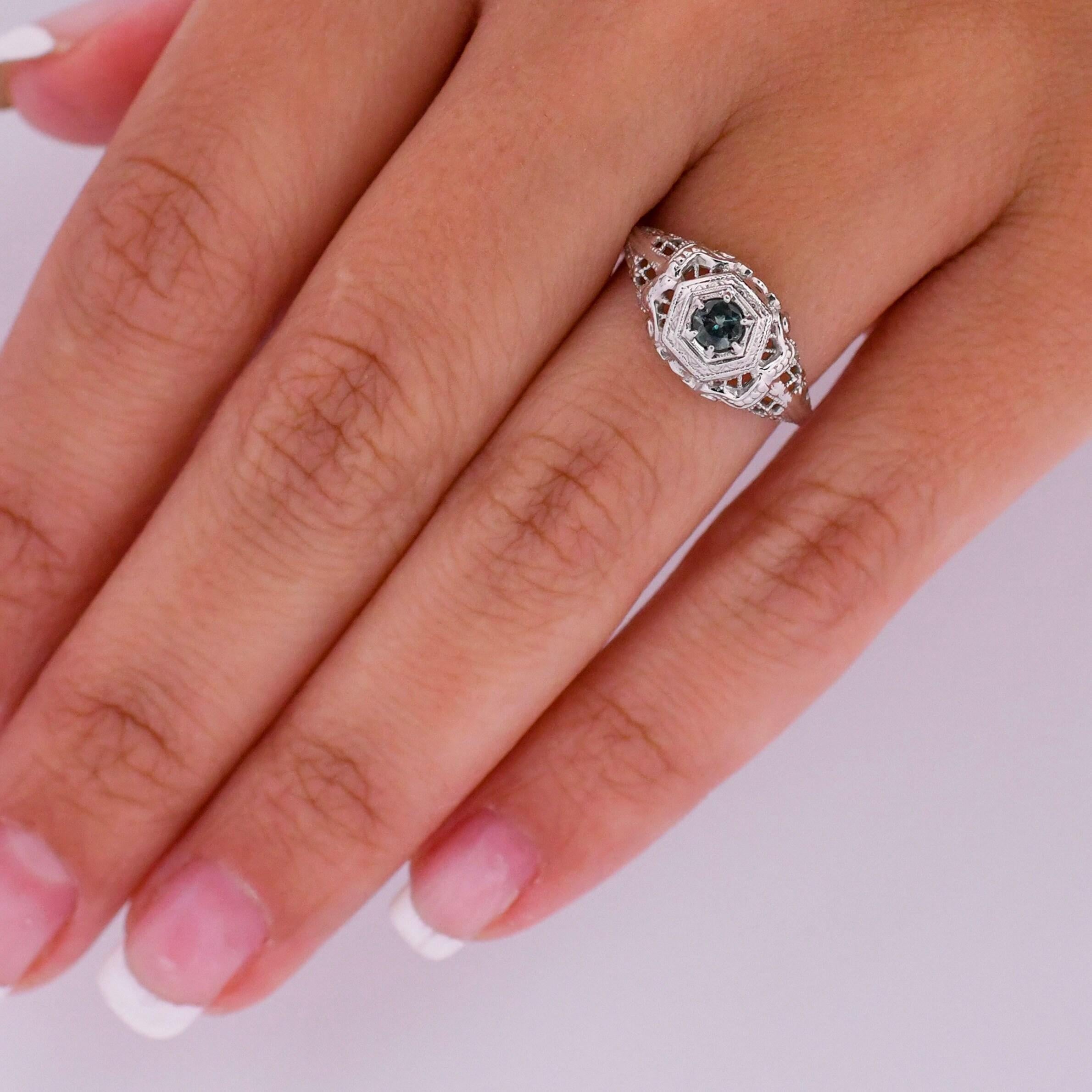 Round Cut Circa 1920s Art Deco .68Ct Natural Alexandrite 18K White Gold Filigree Solitaire