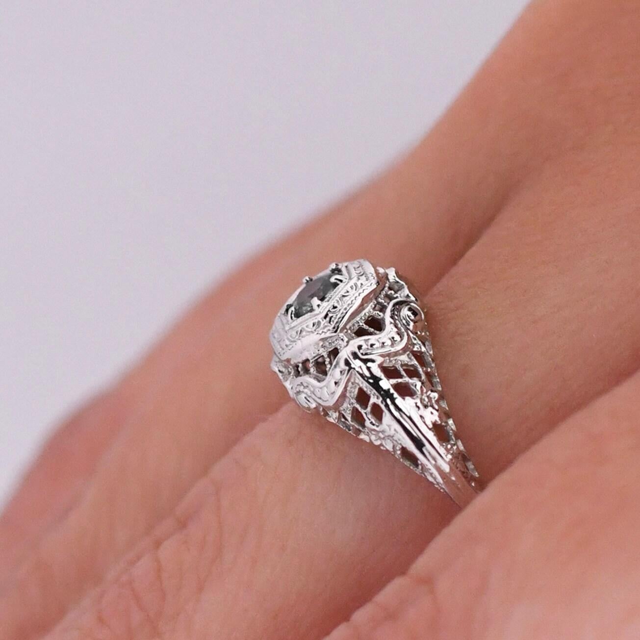 Women's Circa 1920s Art Deco .68Ct Natural Alexandrite 18K White Gold Filigree Solitaire