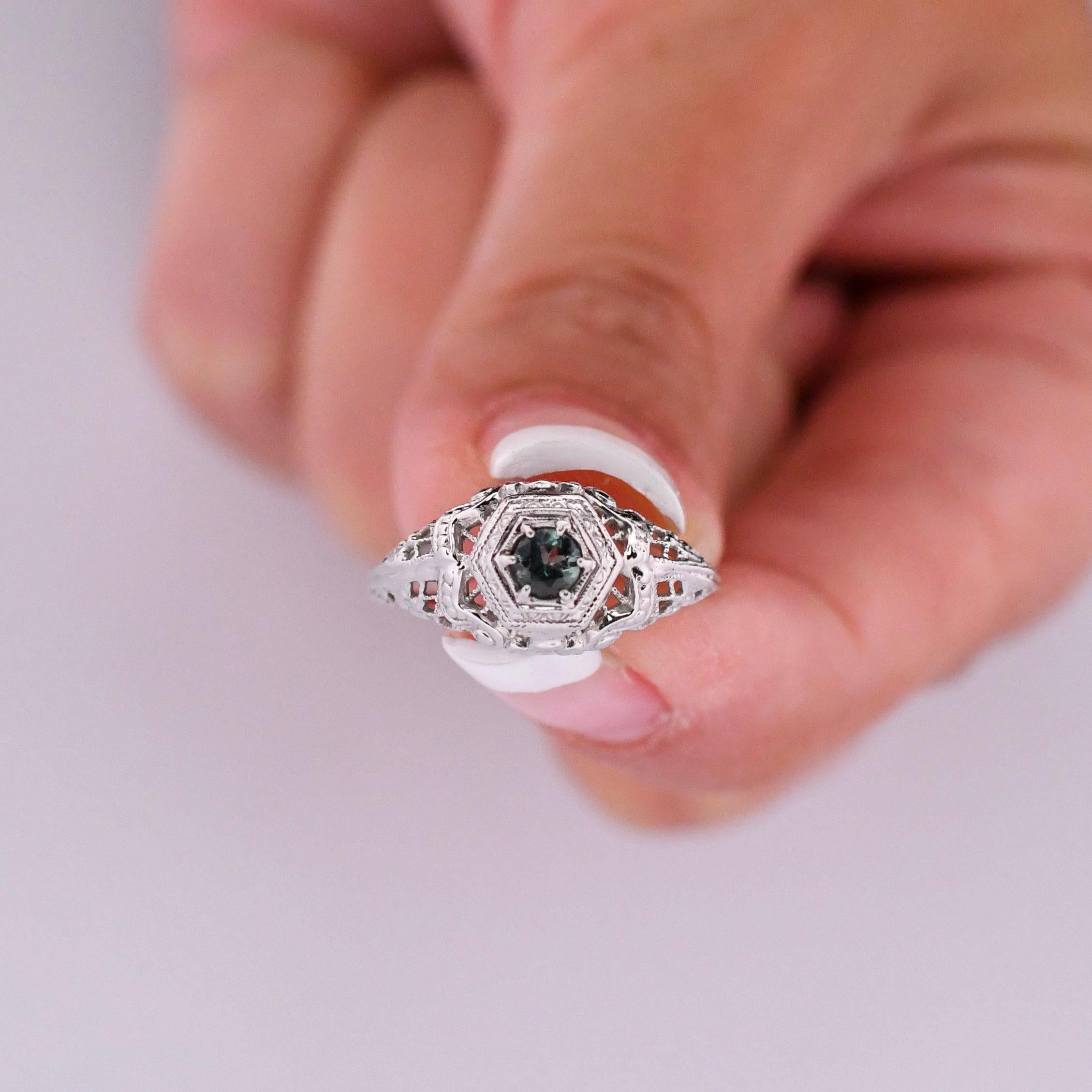 Circa 1920s Art Deco .68Ct Natural Alexandrite 18K White Gold Filigree Solitaire 1