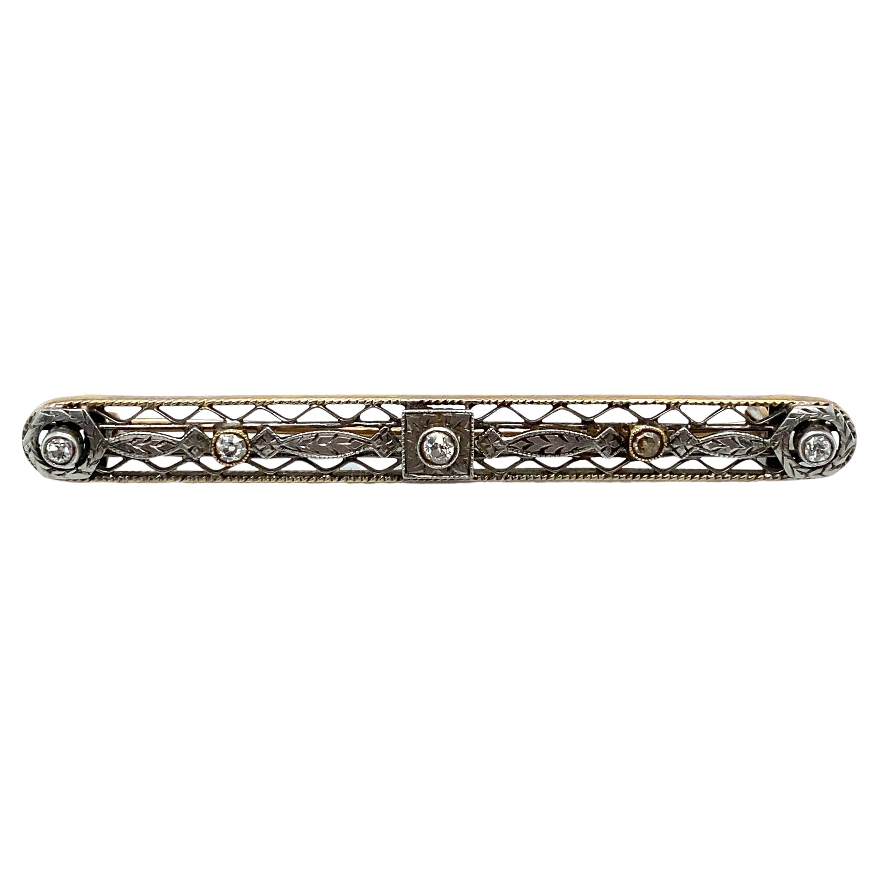 Circa 1920s Art Deco Bar Brooch with Diamonds in 14 Karat White Gold For Sale