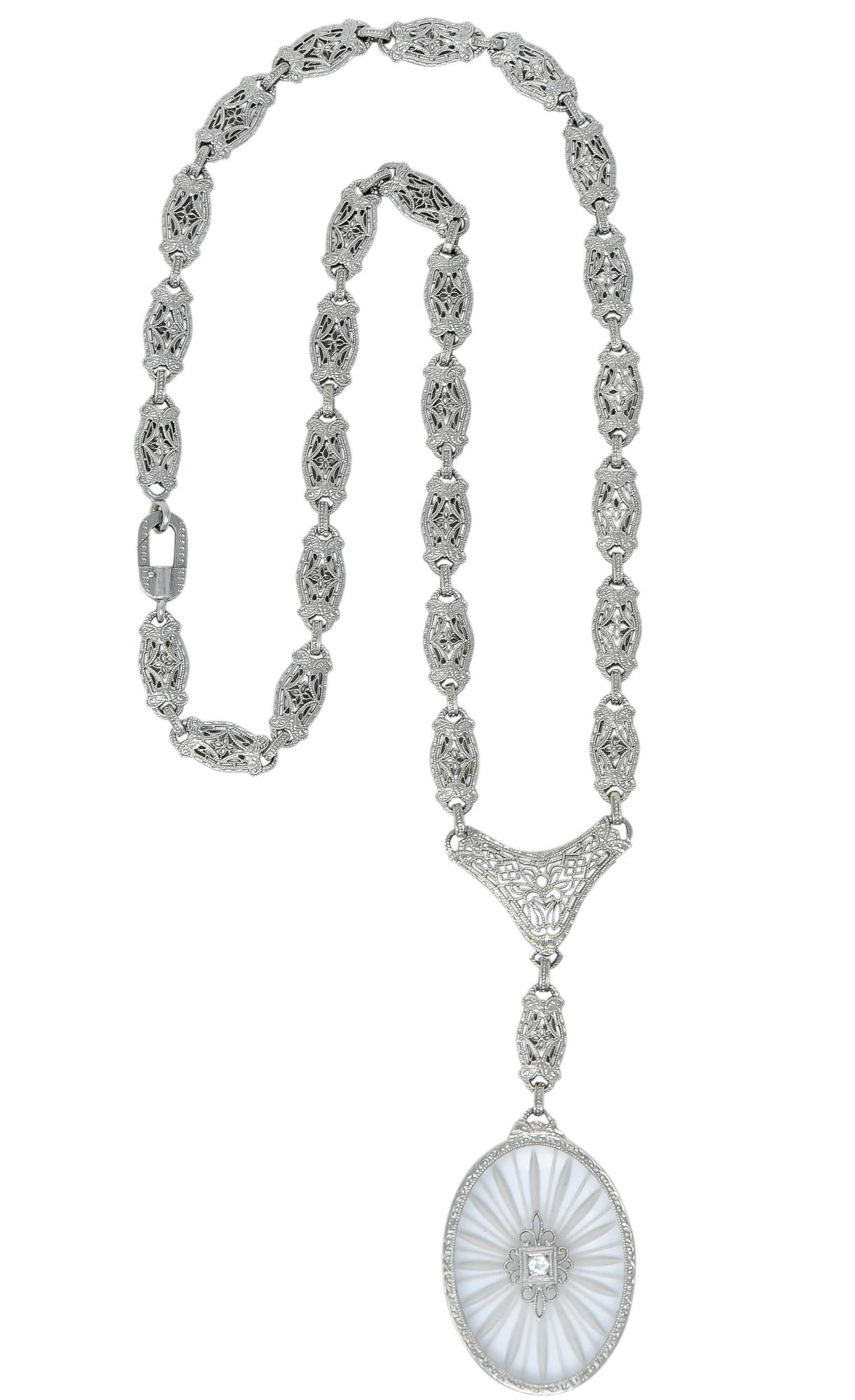 Art Deco Camphor Glass Diamond 14 Karat White Gold Drop Necklace, circa 1920s 3