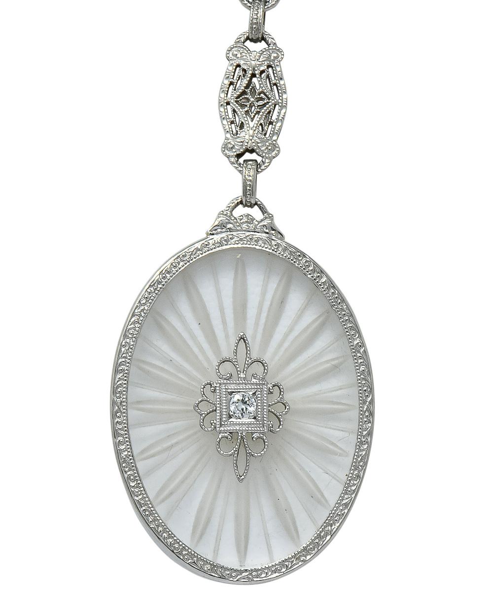 Art Deco Camphor Glass Diamond 14 Karat White Gold Drop Necklace, circa 1920s In Excellent Condition In Philadelphia, PA