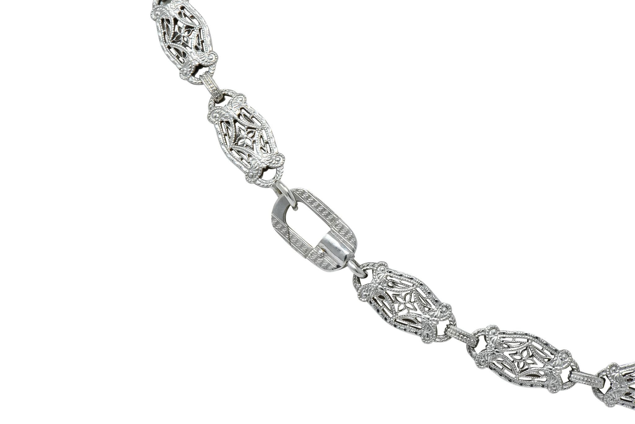 Art Deco Camphor Glass Diamond 14 Karat White Gold Drop Necklace, circa 1920s 1