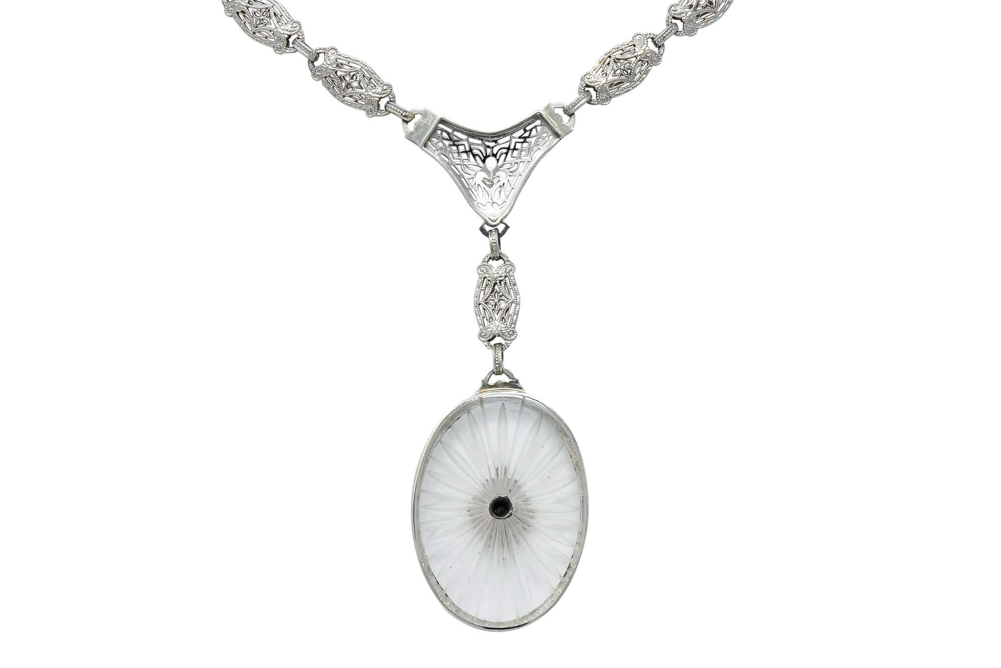 Art Deco Camphor Glass Diamond 14 Karat White Gold Drop Necklace, circa 1920s 2