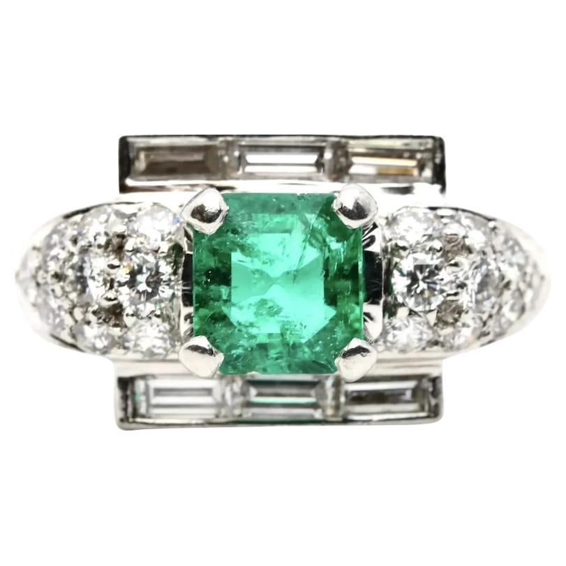 Circa 1920's Art Deco Colombian Emerald, & Diamond Ring in Platinum For Sale