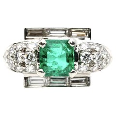 Antique Circa 1920's Art Deco Colombian Emerald, & Diamond Ring in Platinum