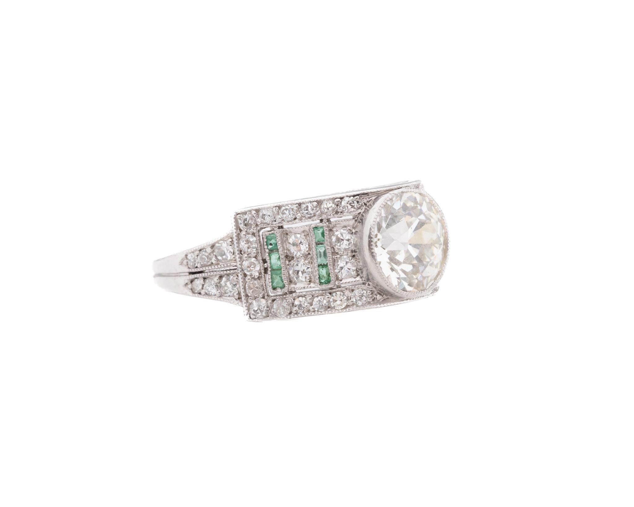Circa 1920s Art Deco Emerald and Old European Diamond Engagement Ring For Sale 2