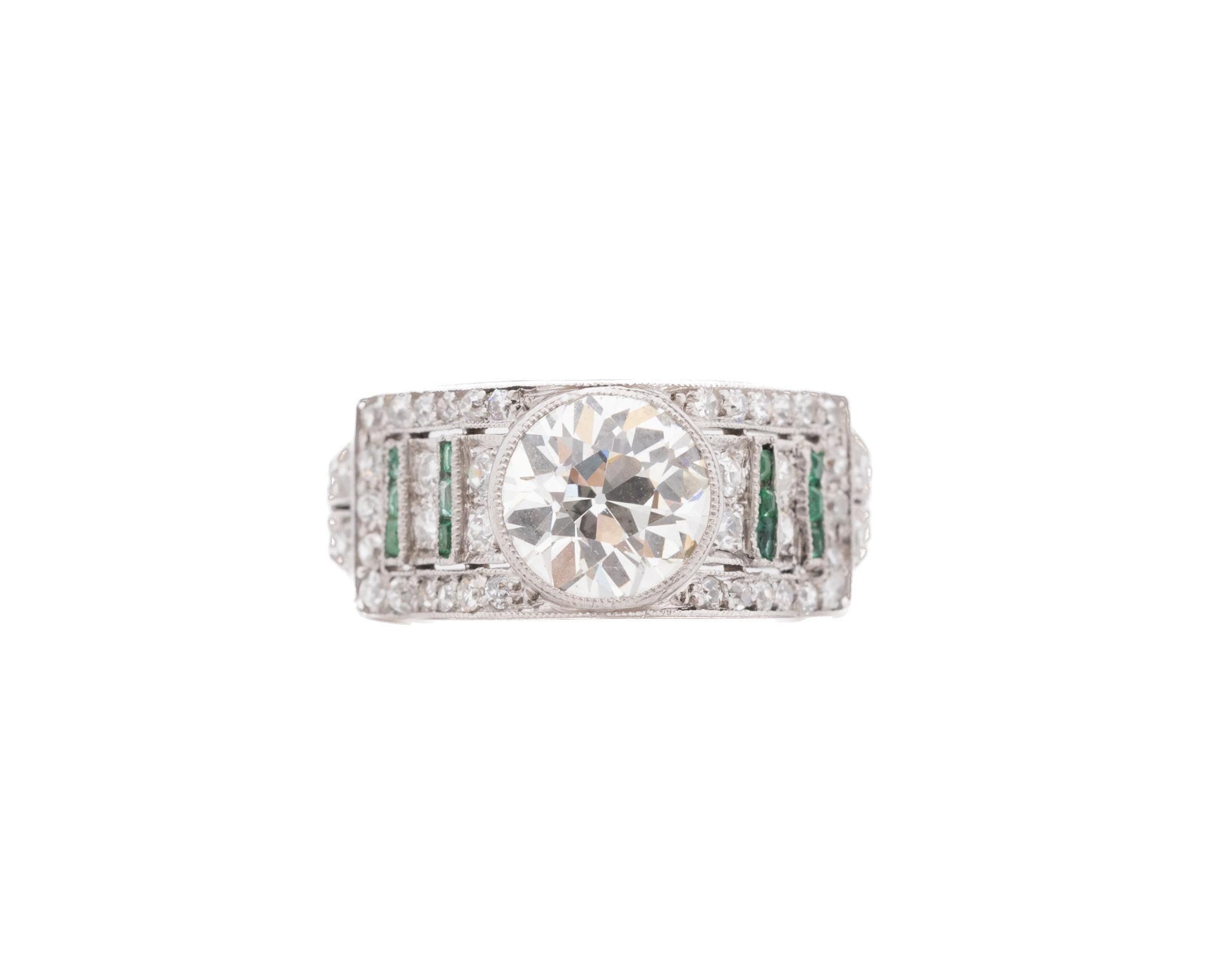Circa 1920s Art Deco Emerald and Old European Diamond Engagement Ring For Sale 3