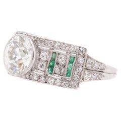 Antique Circa 1920s Art Deco Emerald and Old European Diamond Engagement Ring