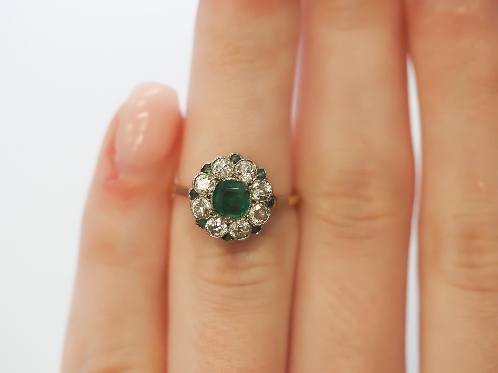 Old European Cut Circa 1920s Art Deco Emerald and Old European Diamond Ring For Sale