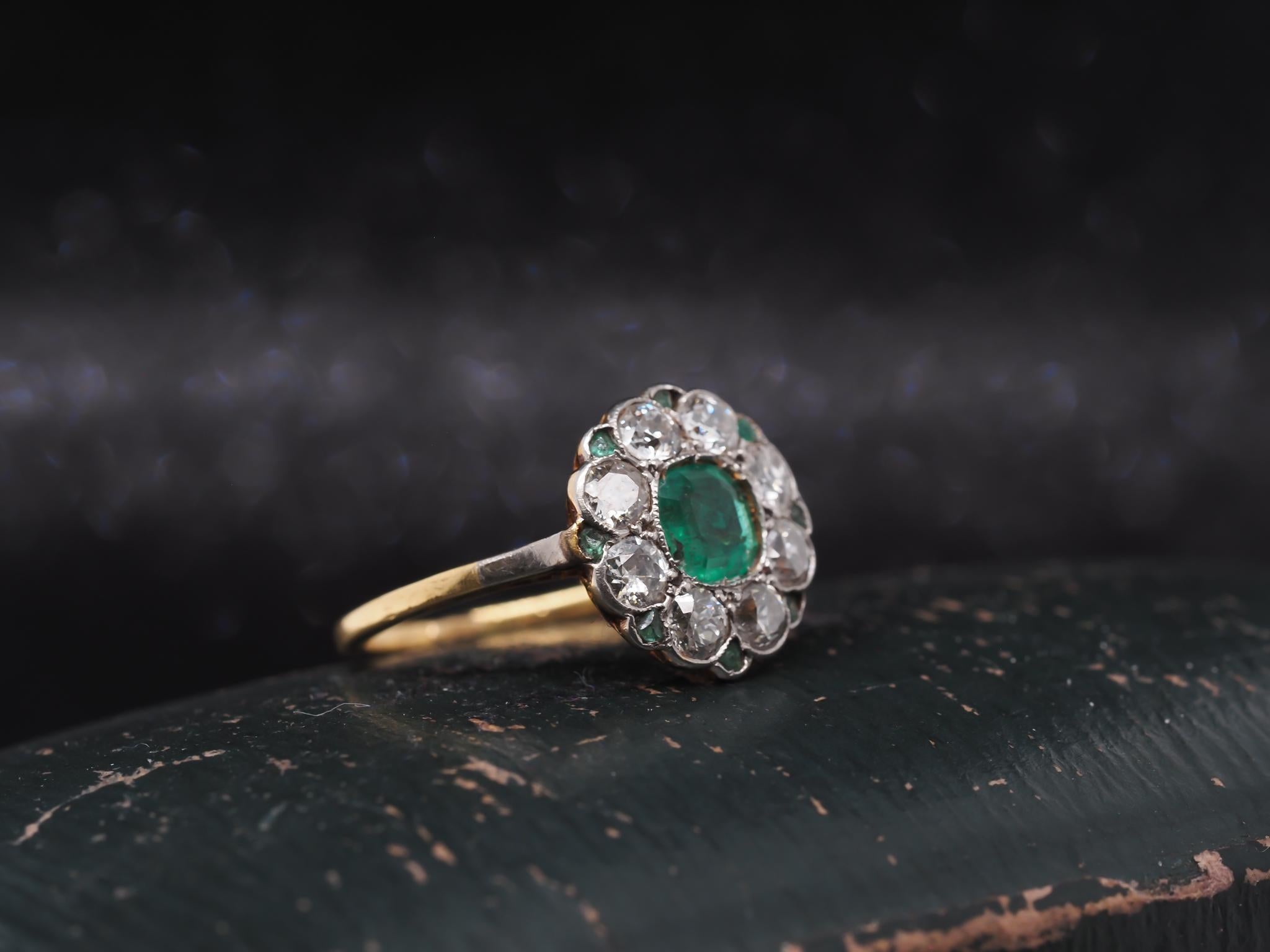Women's Circa 1920s Art Deco Emerald and Old European Diamond Ring For Sale