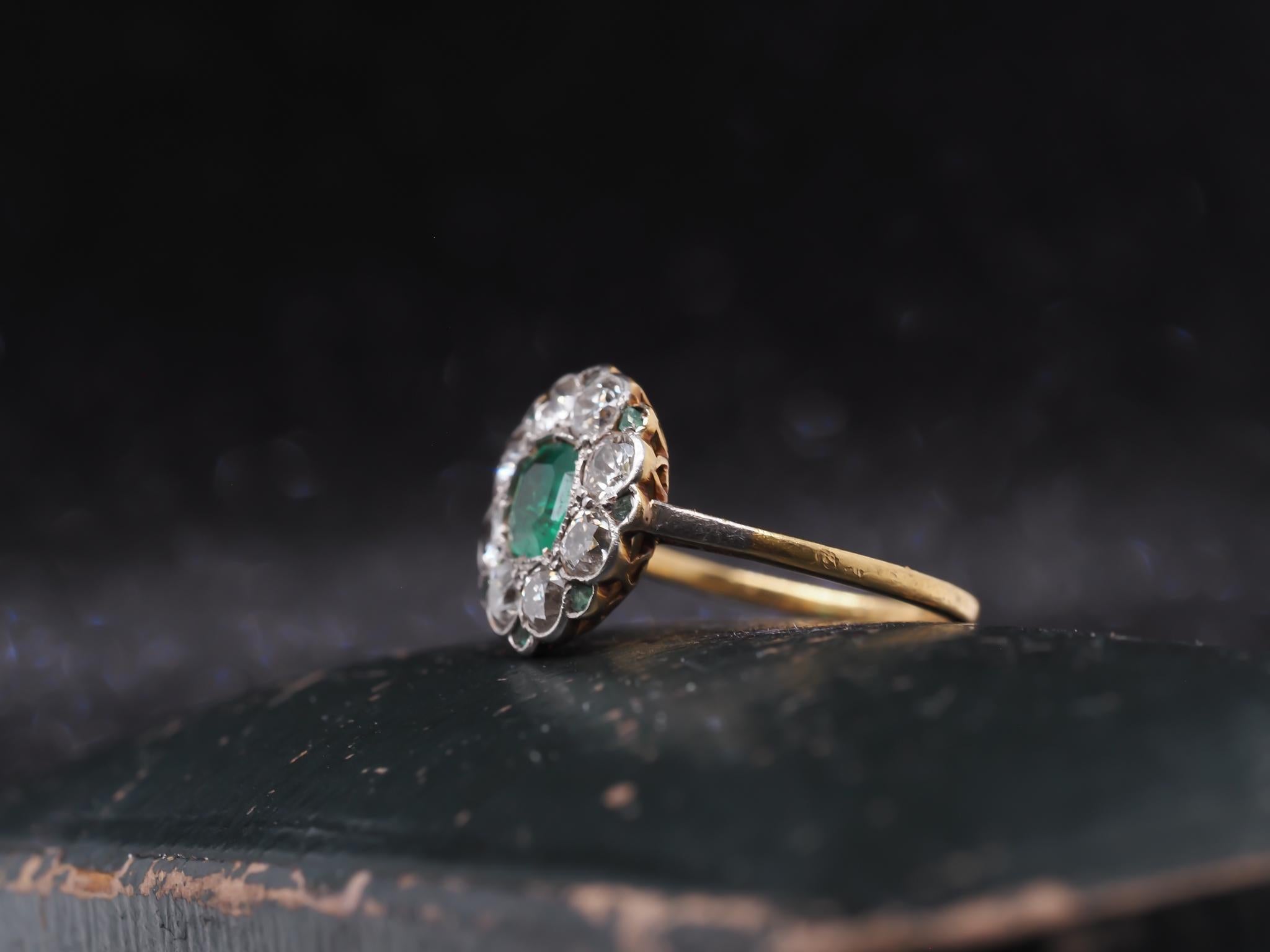 Circa 1920s Art Deco Emerald and Old European Diamond Ring For Sale 1