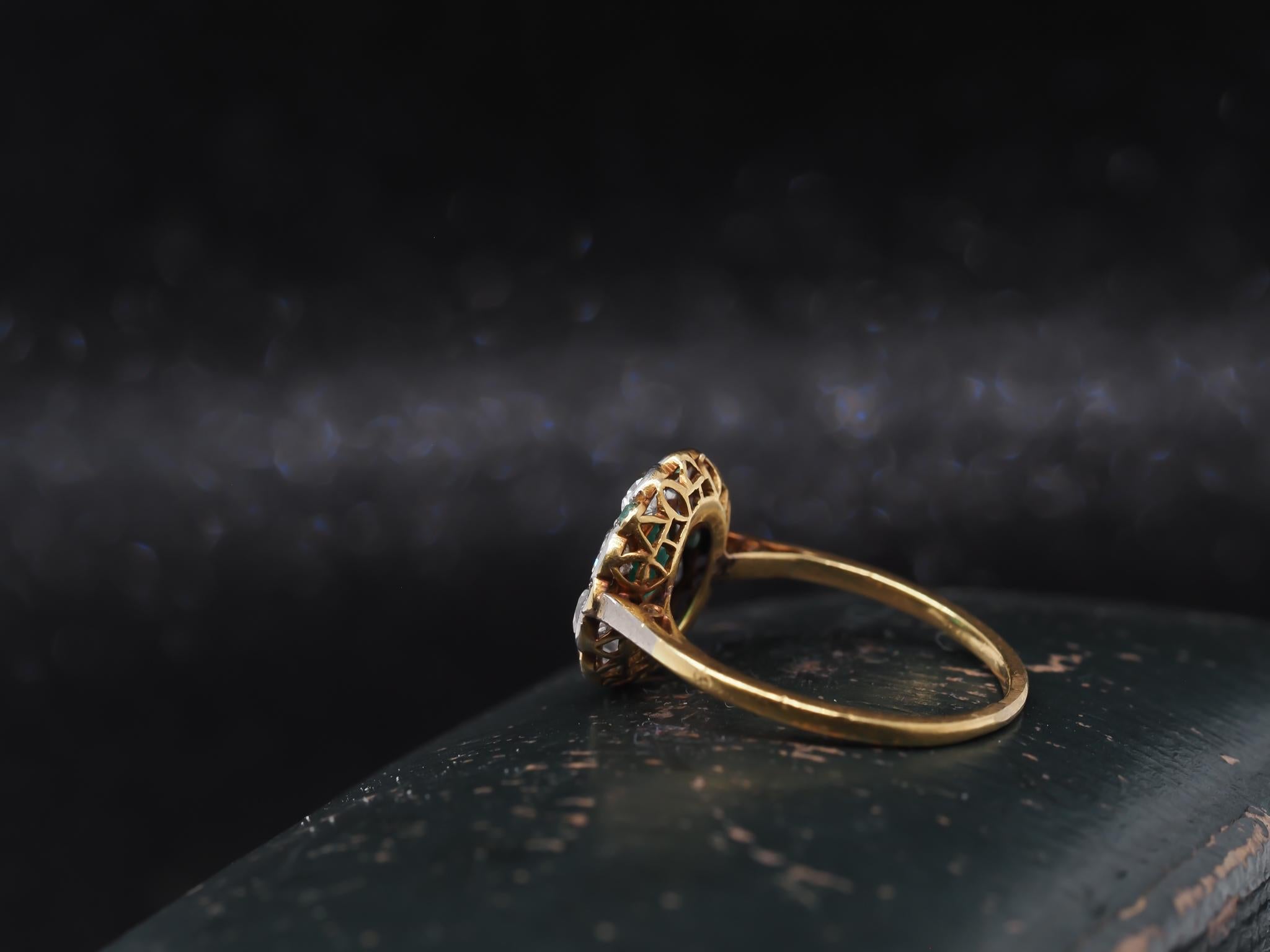 Circa 1920s Art Deco Emerald and Old European Diamond Ring For Sale 2