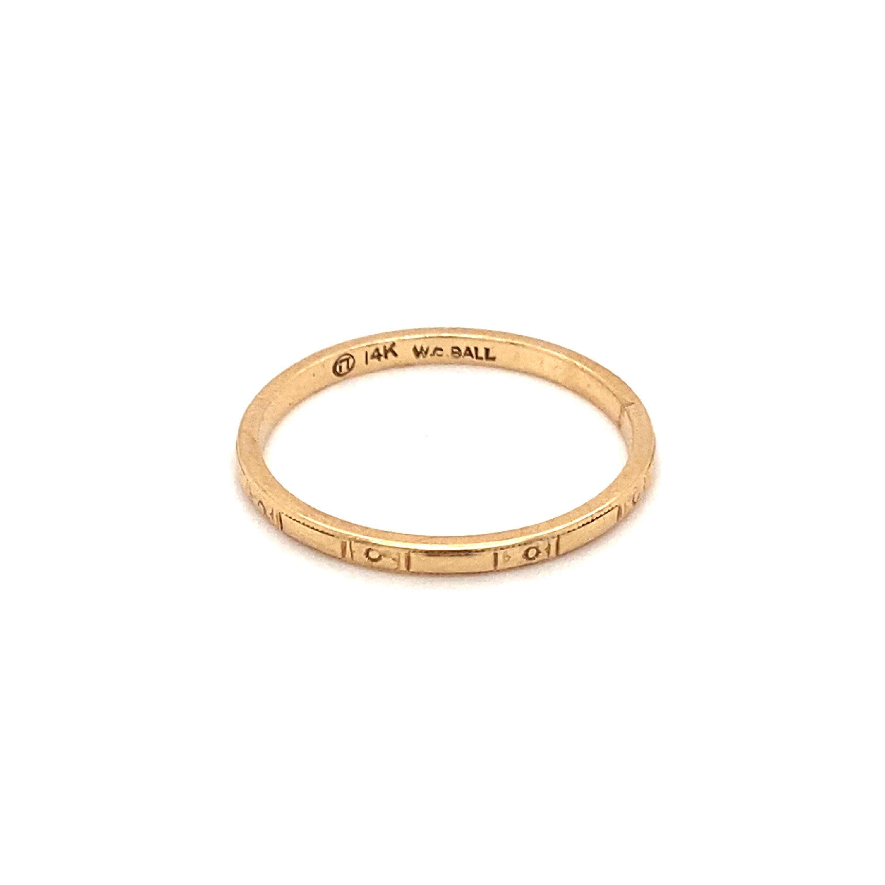Item Details:
Metal type: 14 Karat Yellow Gold 
Weight: 1.5 grams 
Size: 7.5, resizable

Item Features:
This simple yet elegant Art Deco band ring dates back to 1920s. This ring is very well made and in great condition with beautiful etched design