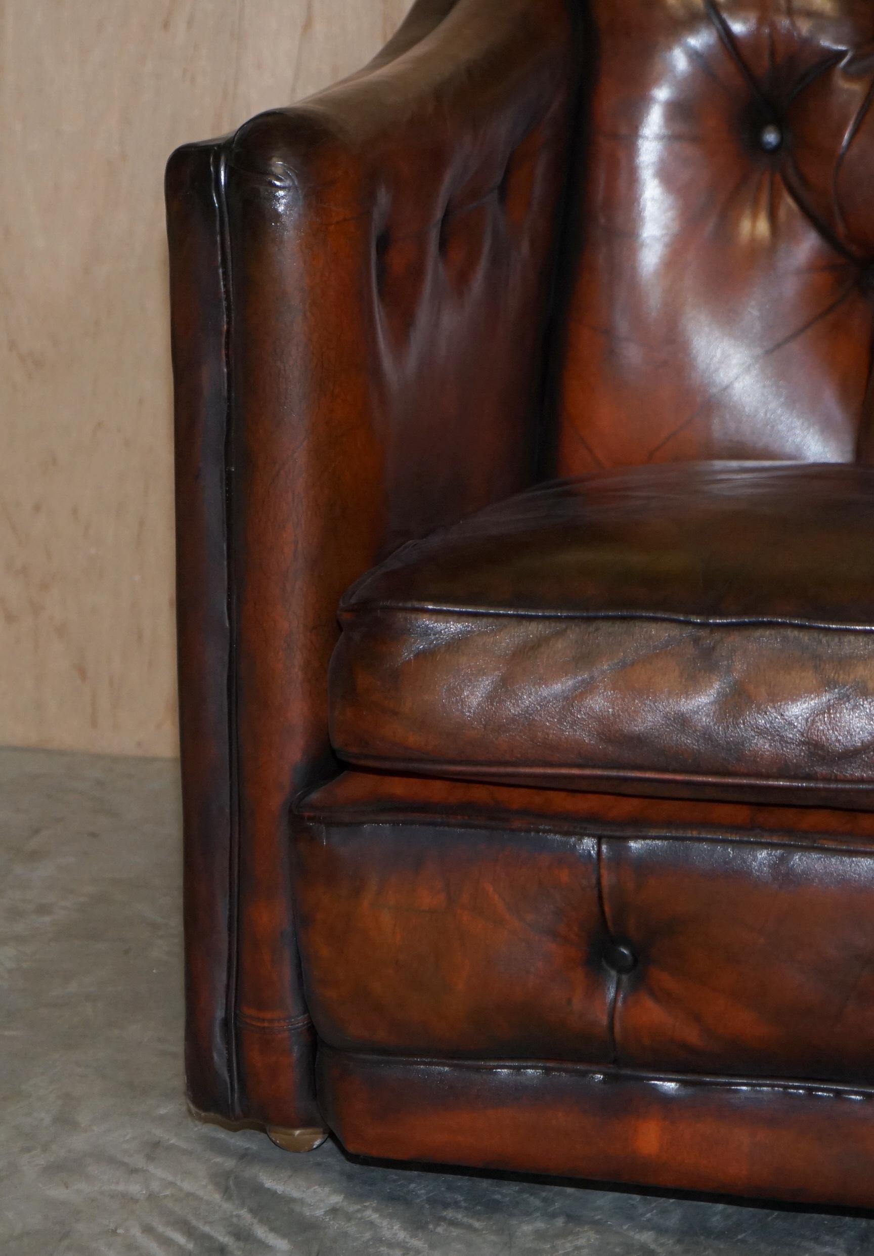 Circa 1920's Art Deco Fully Restored Chesterfield Brown Leather Sofa Part Suite For Sale 2