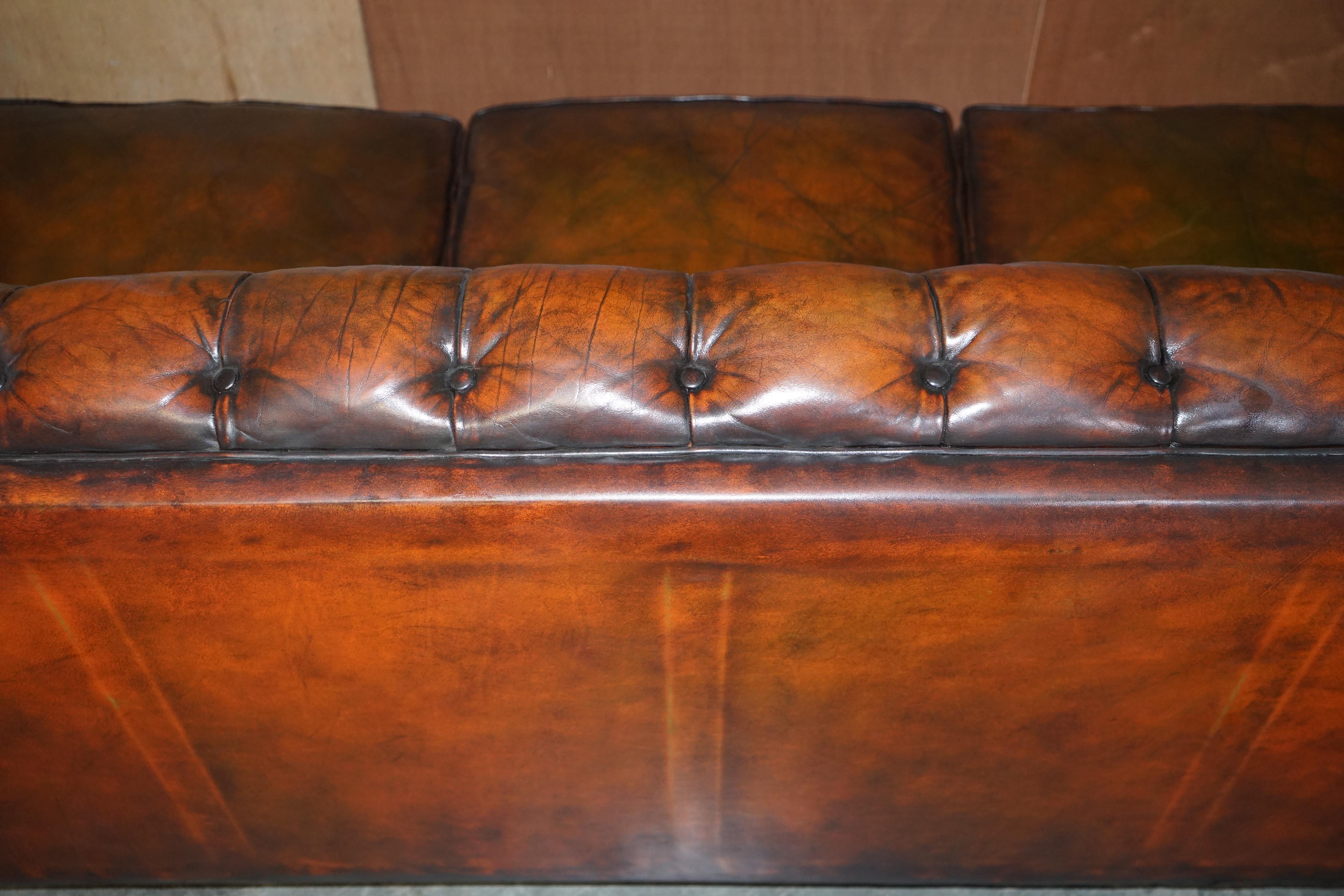 Circa 1920's Art Deco Fully Restored Chesterfield Brown Leather Sofa Part Suite For Sale 6